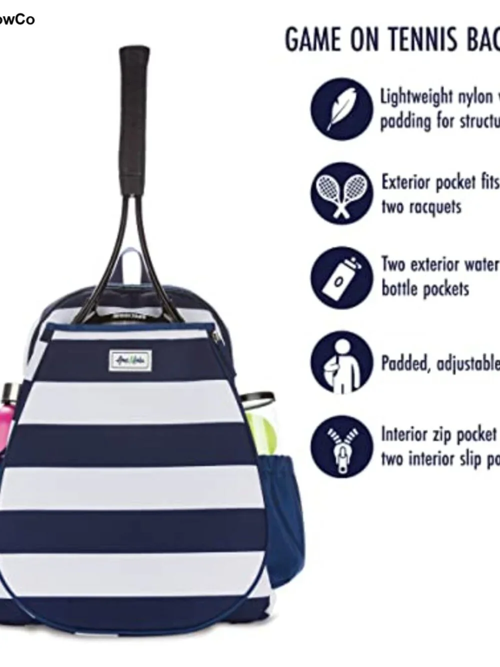Tennis Backpack with Padded Adjustable Straps and Water Bottle Pockets